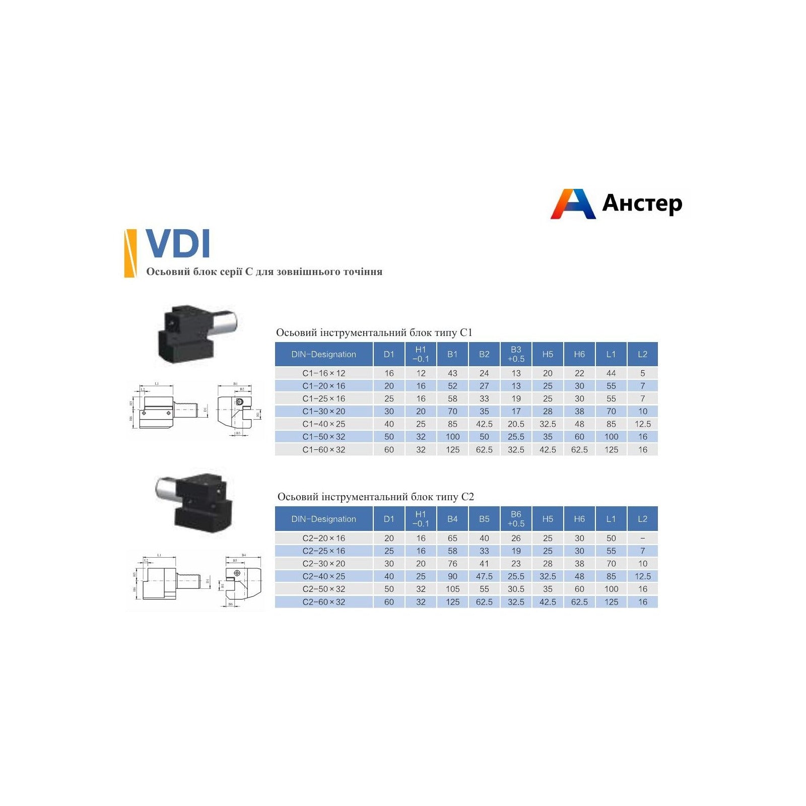 VDI осьові інструментальні блоки типів C1–C4